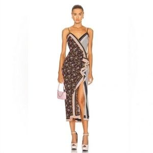 Floral Mixed-Print Slip Dress with Side Ruffle - Black/Pink